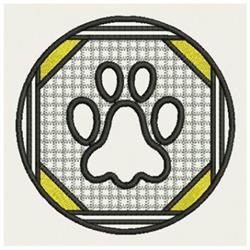 Paw print in bold black outline, centered in an octagonal frame with light grey and bright yellow accents.