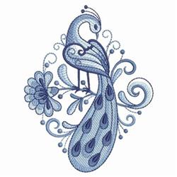 Elegant peacock with intricate blue feathers, surrounded by a flower and swirling vines, featuring detailed artistry.