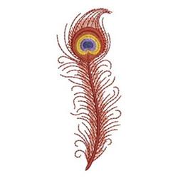 Vibrant peacock feather with red hues, yellow and purple eye, featuring detailed swirling lines.