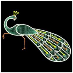 Colorful peacock with intricate teal and green feathers displaying an elegant tail against a black background.