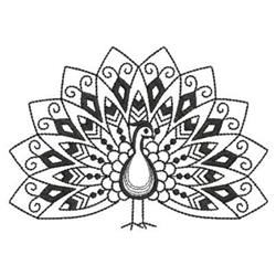 Intricate peacock with detailed black feathers and symmetrical patterns, perfect for embroidery projects.