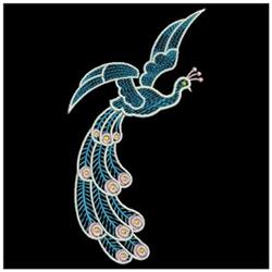 Vibrant peacock in flight with intricate teal and gold feathers against a solid black background, perfect for quilting.