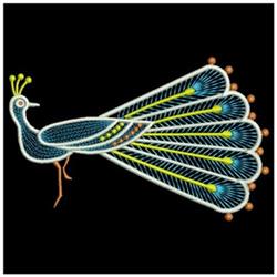 Colorful peacock design with intricate blue and green feathers, vibrant orange and white accents on a black background.