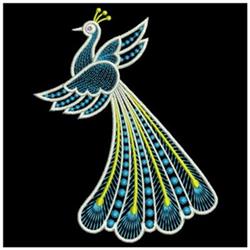 Vibrant peacock with blue feathers and yellow accents, set against a black background for a striking quilting design.