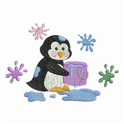 Playful cartoon penguin holding a pink paint bucket, surrounded by colorful splashes in blue, pink, and green.