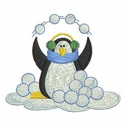 Playful penguin with blue scarf and green earmuffs, standing amidst fluffy clouds and snowballs in winter.