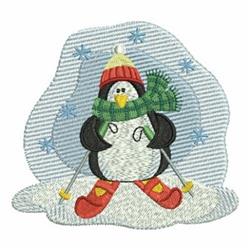 Cheerful penguin dressed in bright ski gear, with red boots, a knitted hat, and a green scarf, creating a playful winter scen