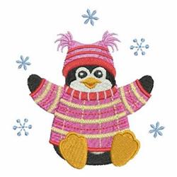 Playful penguin in a striped sweater with tufts, joyful among swirling snowflakes in a winter scene.