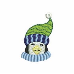 Cute penguin in a green and blue striped hat and blue scarf, cheerful winter style, vibrant colors.