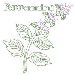 Illustrative peppermint plant with green leaves and light purple flowers, elegantly embroidered text above.