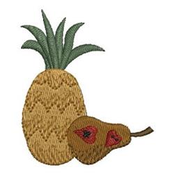 Colorful applique design featuring a bright yellow pineapple and a red pear with green accents, perfect for playful projects.