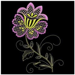 Intricate pink flower with yellow center and green leaves, featuring vibrant details on a black background.