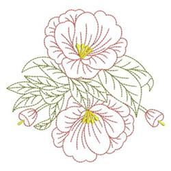 Delicate floral applique featuring large pink flowers, vibrant green leaves, and bright yellow centers, perfect for spring.