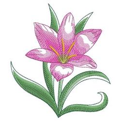 Applique pink lily with delicate textures, vibrant pink petals, yellow stamens, and green leaves for spring.