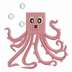 Playful pink octopus with black eyes and exaggerated limbs, surrounded by bubbles in a bright cartoon style.