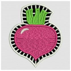 Playful pink radish with glossy finish and green leaves on a bold black and white striped background.