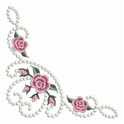 Elegant pink roses entwined with detailed scrolls and pearlescent accents, creating a refined design.