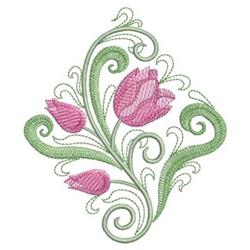 Quilting design featuring pink tulips with green leaves and elegant swirls, capturing vibrant spring beauty.