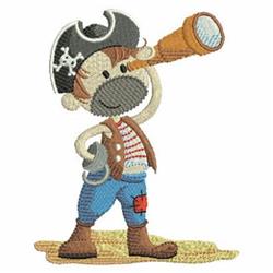 Playful pirate character in a striped shirt, skull hat, and blue pants, holding a telescope on the sand.
