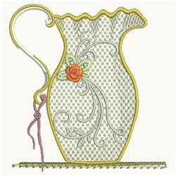 Decorative pitcher with a whimsical floral pattern, featuring a ruffled edge and delicate orange rose details.