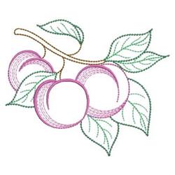 Delicate plum branch featuring three pink plums and green leaves, ideal for botanical decor.