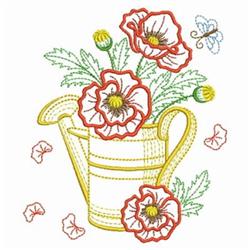 Colorful pitcher with vibrant red poppies and green leaves, featuring a delicate butterfly, evokes springtime charm.
