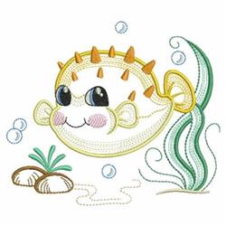 Playful pufferfish with orange spikes and large eyes, surrounded by green seaweed and light blue bubbles. Perfect for kids' p