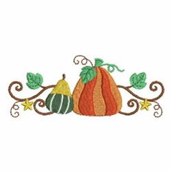 Whimsical orange pumpkin with a small green gourd, playful vines, and vibrant leaves for a colorful autumn look.