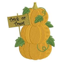Playful stack of three orange pumpkins with green leaves and a wooden sign reading 'Trick or Treat' for Halloween decor.