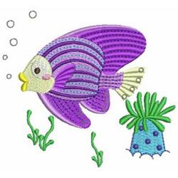 Cartoonish purple fish swimming among green plants and blue coral with playful bubbles. Ideal for vibrant decor.