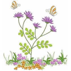 Vibrant purple flowers with green leaves and two butterflies in a spring motif, beautifully detailed and colorful.