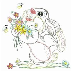 Spring applique rabbit holding colorful flowers, surrounded by buzzing bees in a playful cartoon style.
