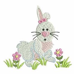 Playful rabbit with a pink bow sitting in green grass, surrounded by vibrant pink flowers, perfect for spring Easter decor.