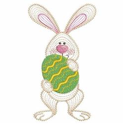 Playful rabbit with pink ears holds a colorful Easter egg, perfect for lively spring-themed embroidery.