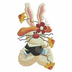 Playful rabbit with pink ears in a black vest, surrounded by colorful flowers, perfect for spring-themed embroidery.