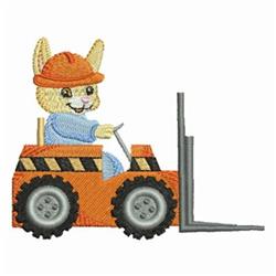 Cheerful cartoon rabbit in hard hat drives an orange forklift with black wheels. Playful design for kids.