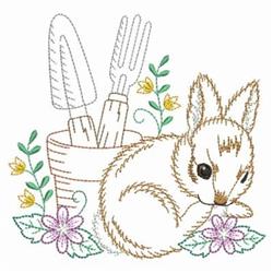 Whimsical rabbit beside a gardening pot and tools, surrounded by pastel flowers, perfect for spring.