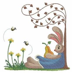 Whimsical rabbit under a tree, holding a pear, surrounded by bright yellow flowers and buzzing bees, perfect for spring.