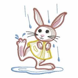 Playful rabbit in a yellow raincoat splashing in a puddle during spring, surrounded by falling rain.