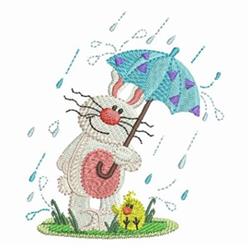 Cheerful rabbit with a pink nose holding a colorful umbrella in green grass, featuring a playful spring scene.