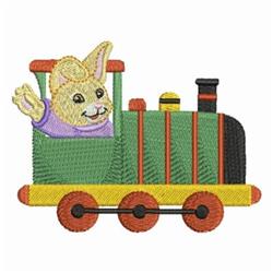 Playful rabbit peeking from a vibrant train, adorned with bright greens, yellows, and reds for Easter.