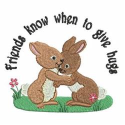 Whimsical design of two rabbits hugging in a colorful spring setting with flowers and grass, perfect for children's decor.