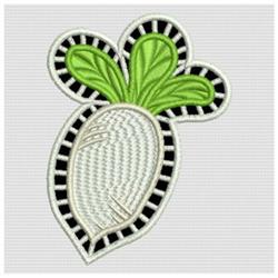 Playful radish with a smooth white body, vibrant green leaves, and bold black border in colorful style.