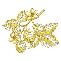 Applique branch with yellow raspberries, delicate blossoms, and lush leaves offering a vibrant, floral look.
