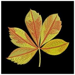 Realistic leaf in vibrant autumn shades of green, yellow, and orange against a black background, showcasing detailed veins.