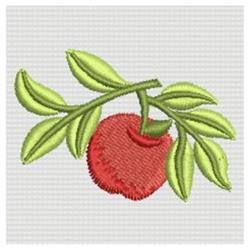 Colorful red apple with textured stitching, hanging from a branch with fresh green leaves.