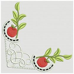Whimsical red apple cluster adorned with green leaves and decorative black and white swirls.