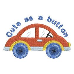 Red car with blue wheels and 'Cute as a button' text in light blue, playful design for kids.