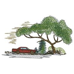 Vibrant red car beneath a lush green tree, with a smaller pine tree nearby, creating a serene atmosphere.