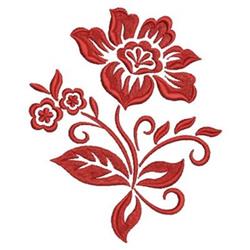 Traditional floral red flower with intricate details, green leaves, and swirling stems in a vibrant design.